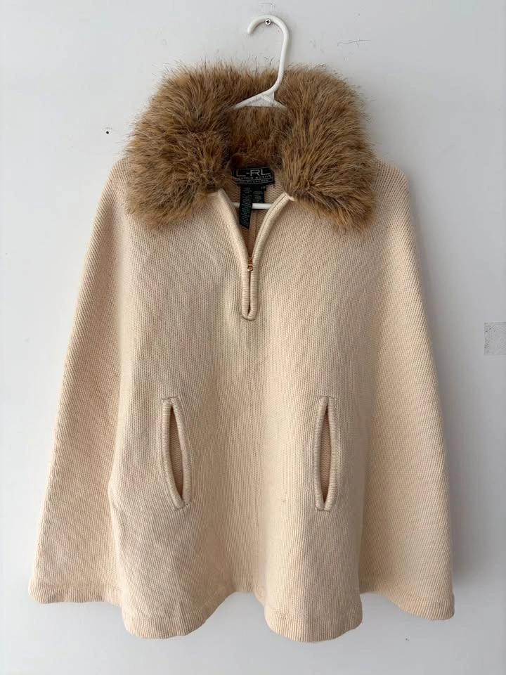 Lauren Ralph Lauren Knit Lambswool Poncho Faux Fur Collar Sweate