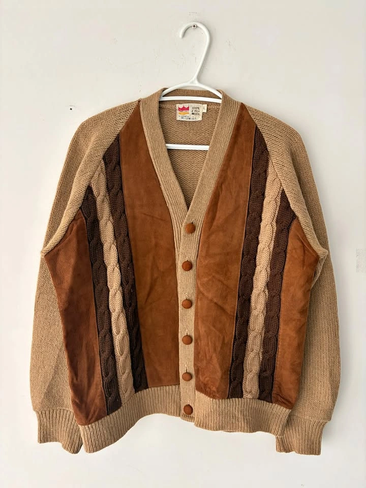 Vintage 60s Grant Crest Mens Knit Wool Suede Cardigan L