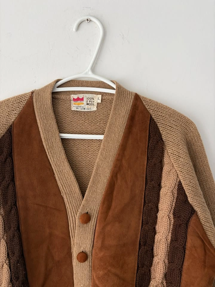 Vintage 60s Grant Crest Mens Knit Wool Suede Cardigan L - photo 2