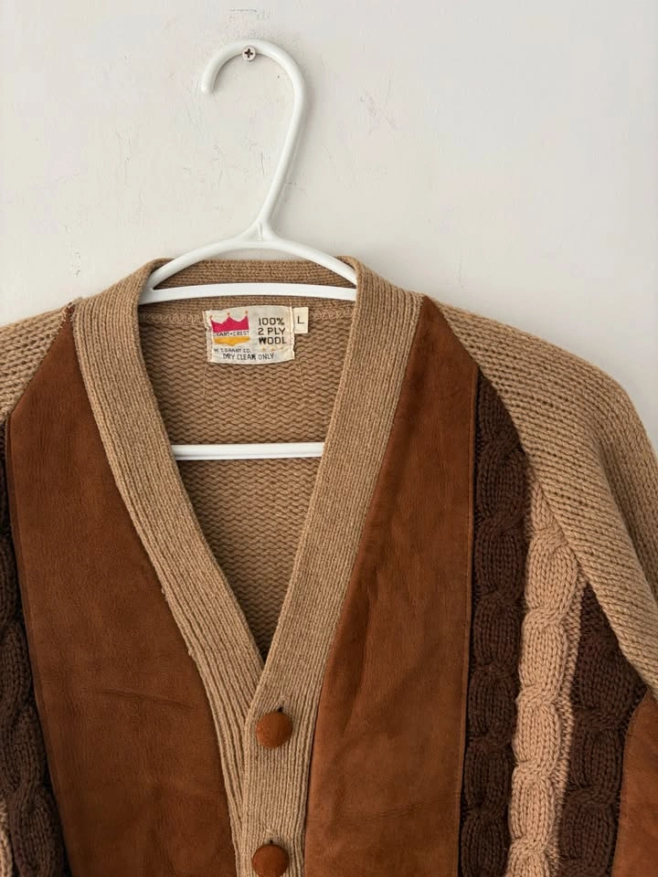 Vintage 60s Grant Crest Mens Knit Wool Suede Cardigan L - photo 5
