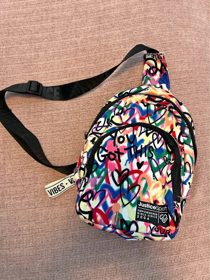 JusticeSport Graffiti Heart Sling Crossbody Bag