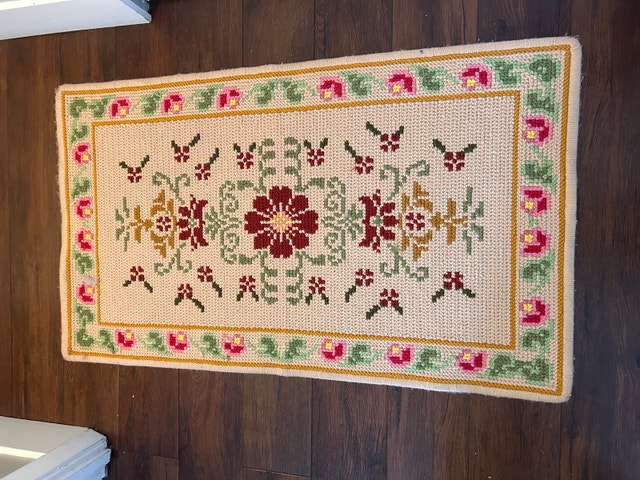 Vintage Handmade Floral Needlepoint Rug - 68cm x 116cm