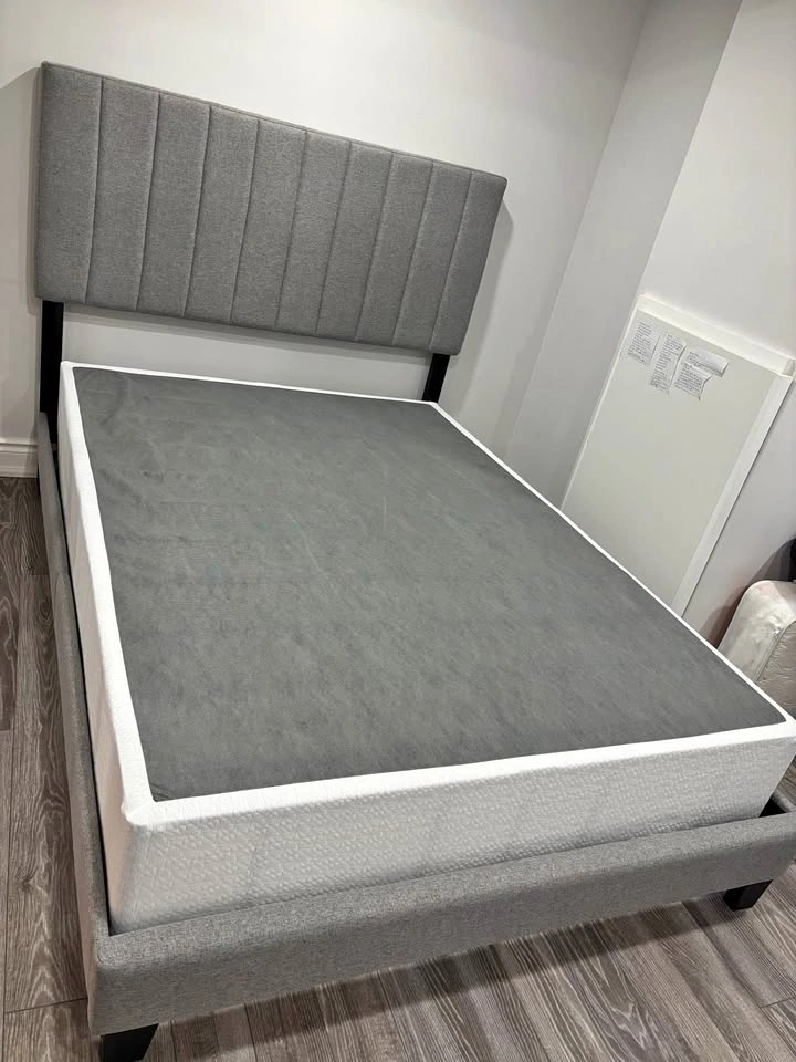 Grey Upholstered Bed Frame (Full) w Headboard + Box Spring