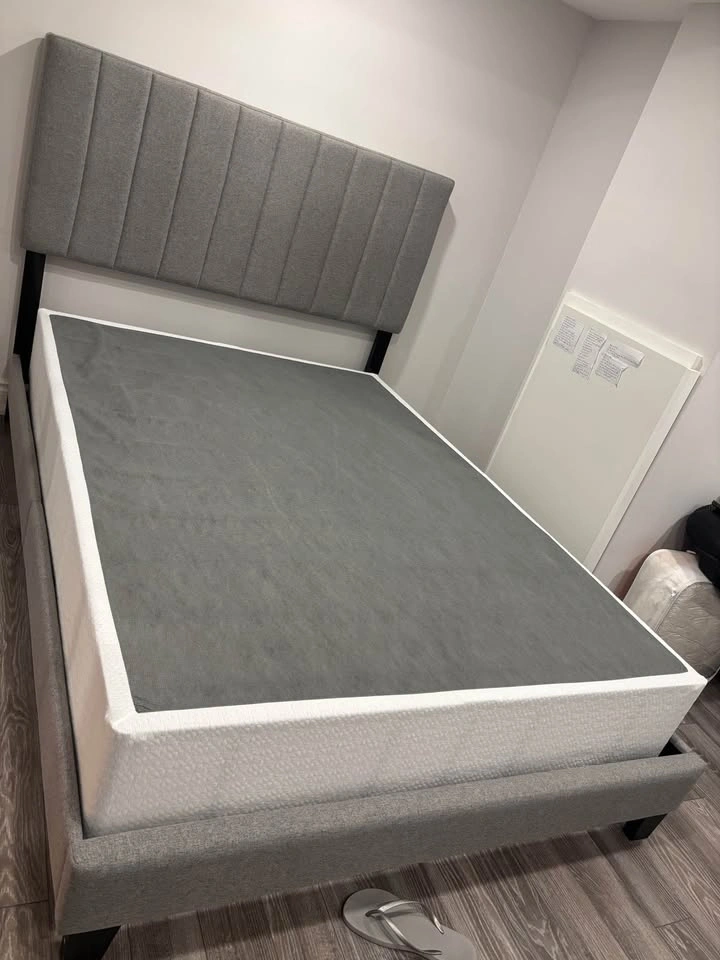 Grey Upholstered Bed Frame (Full) w Headboard + Box Spring - photo 2