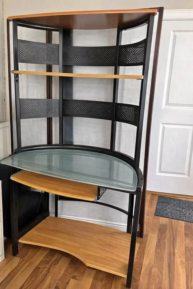 Corner Computer Desk with Shelves – Glass & Wood