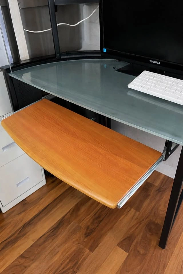 Corner Computer Desk with Shelves – Glass & Wood - photo 2