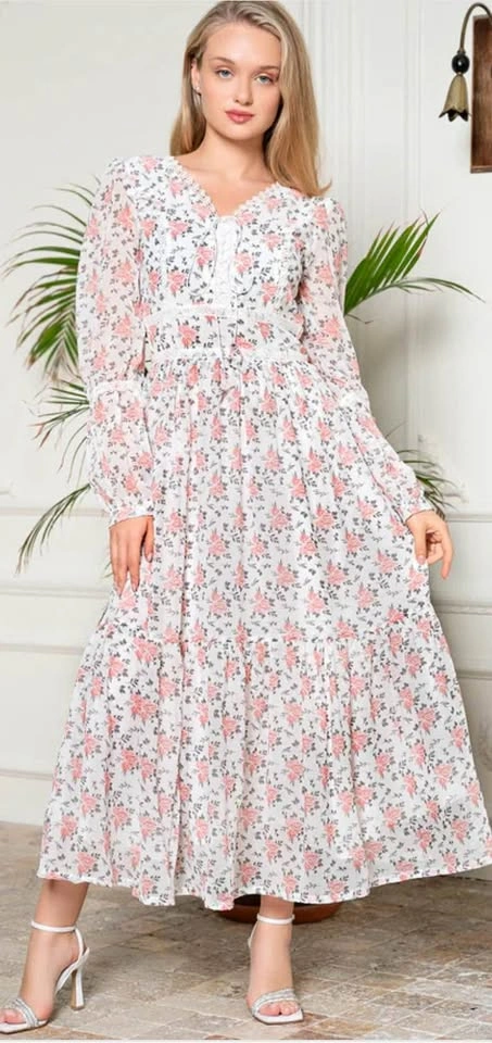 White and Pink Long Modest Lace Dress - Small Size