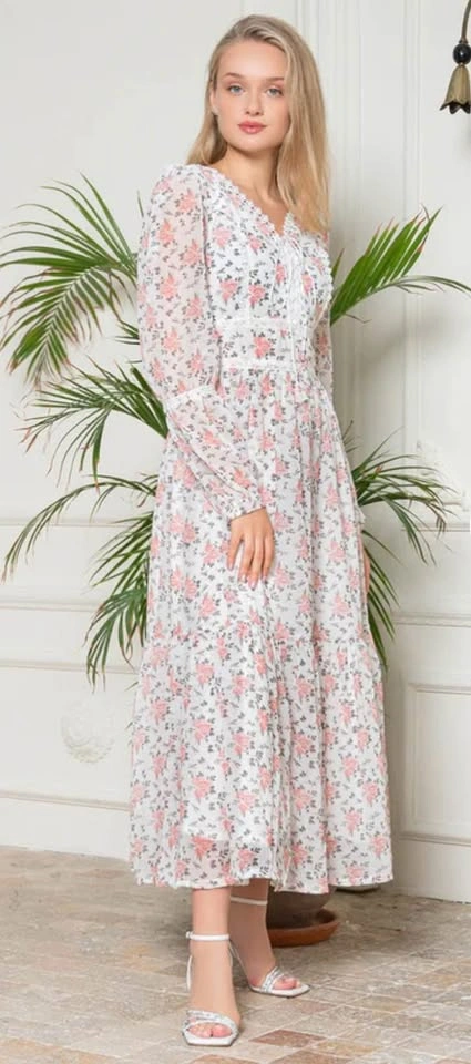 White and Pink Long Modest Lace Dress - Small Size - photo 3