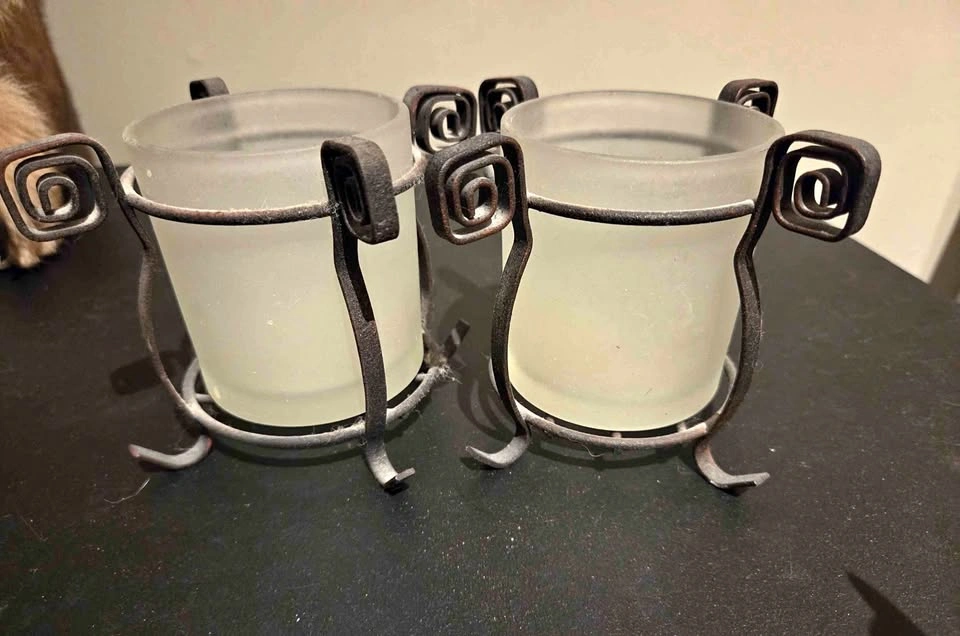 Frosted Glass Candle Holders with Metal Swirl Stands