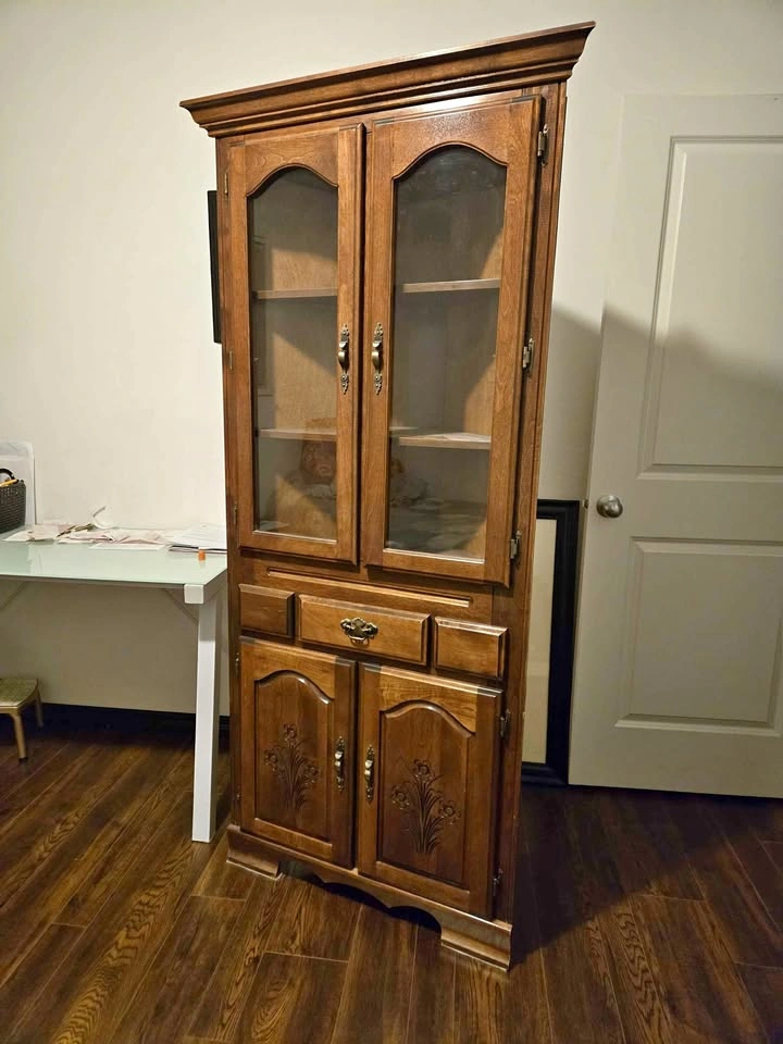 Walnut Wood Corner Hutch with Glass Doors