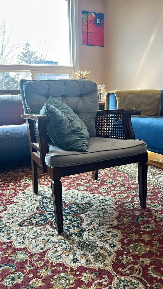 Vintage Mid-Century Cane Accent Chair w/ Wood Frame, Dusty Blue