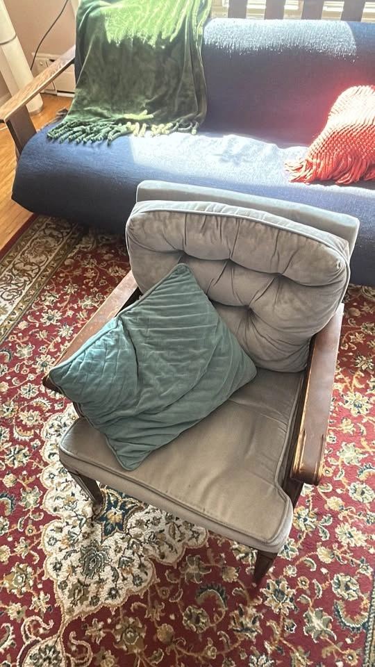 Vintage Mid-Century Cane Accent Chair w/ Wood Frame, Dusty Blue - photo 2