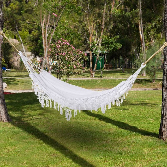 White Hammock with Fringe and Loops 4x9'
