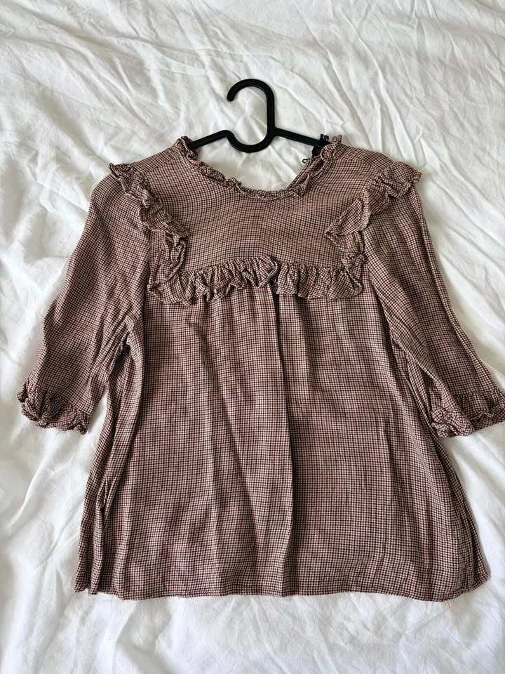 Zara Plaid Blouse with Ruffle Detail - Brown/Earth Tones