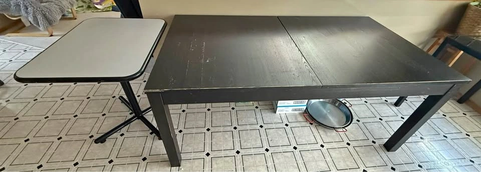Two Tables: Black Extendable Dining Table & Compact Table