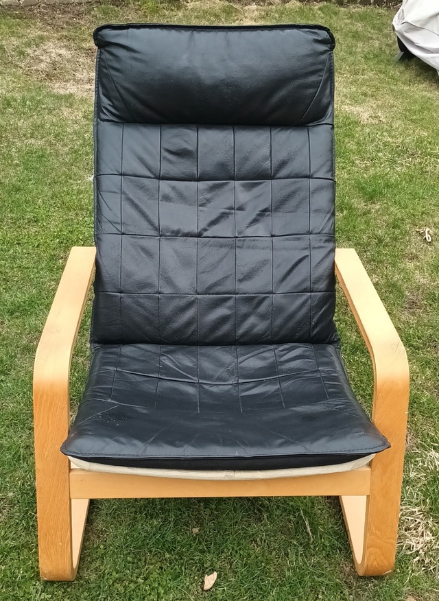 Ikea POÄNG Wood & Black Leather Armchair with Footstools