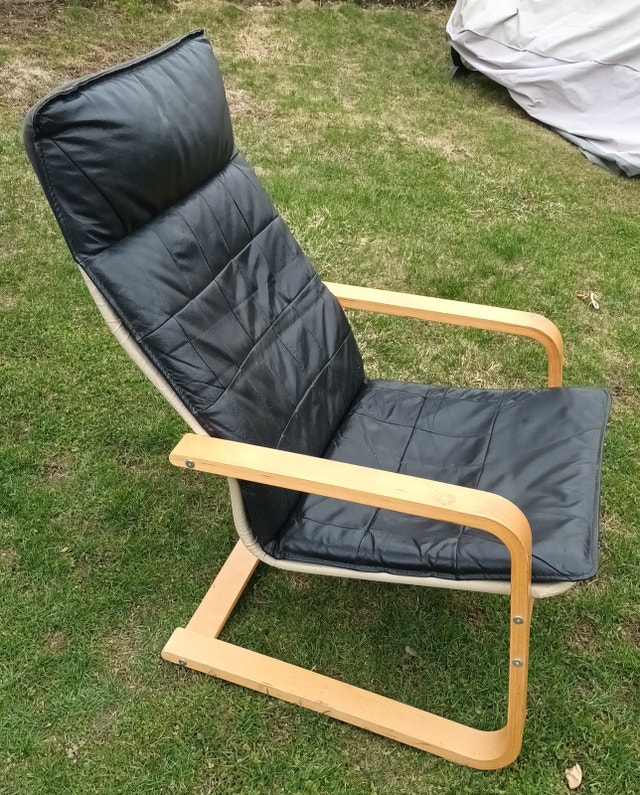 Ikea POÄNG Wood & Black Leather Armchair with Footstools - photo 2