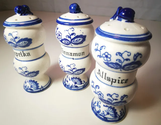 Trio of Spice Jars Blue & White Delft/Blue Onion Style French Co thumbnail
