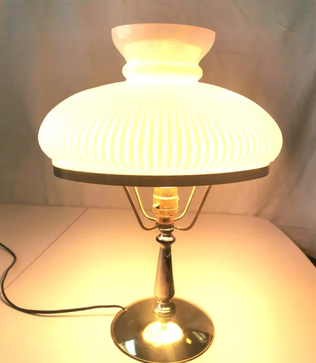Table Lamp Milk Glass Ribbed Shade Brass Base Vintage image indicator(2)