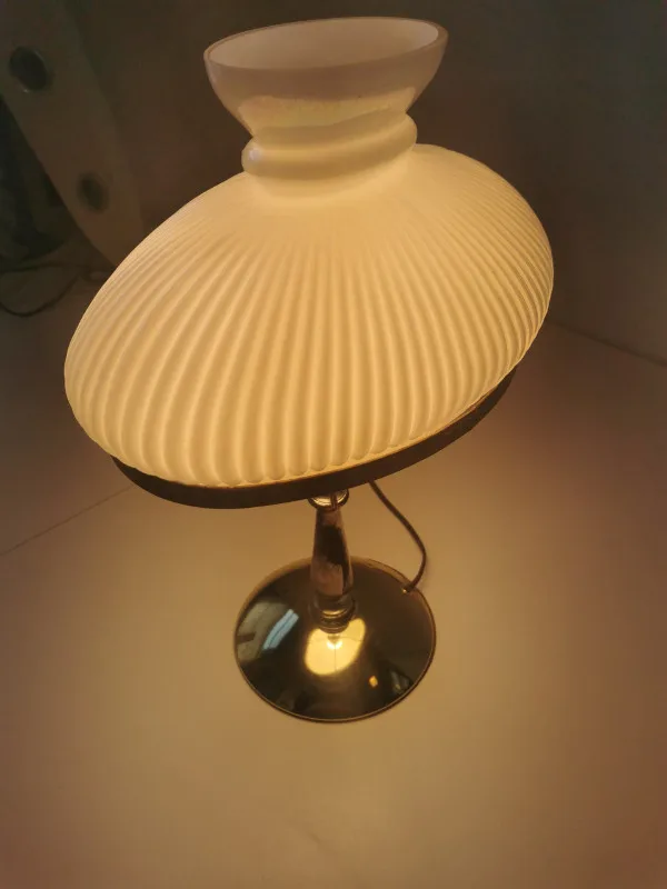 Table Lamp Milk Glass Ribbed Shade Brass Base Vintage image indicator(6)