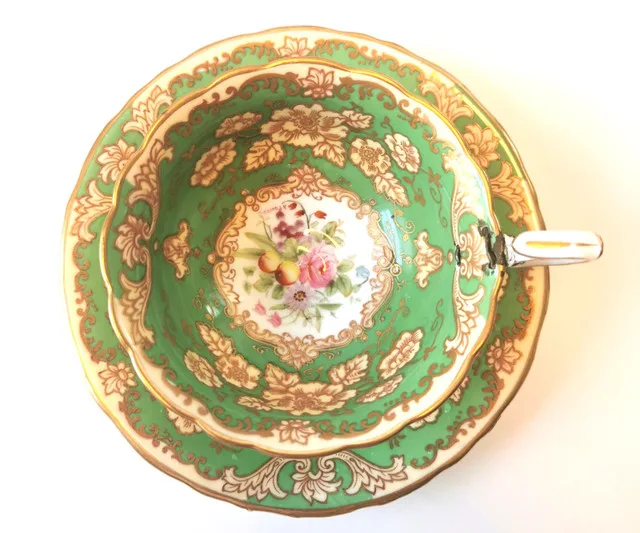Wedgwood Tea Cup Saucer Green Floral Gold Trim Repaired Handle image indicator(3)