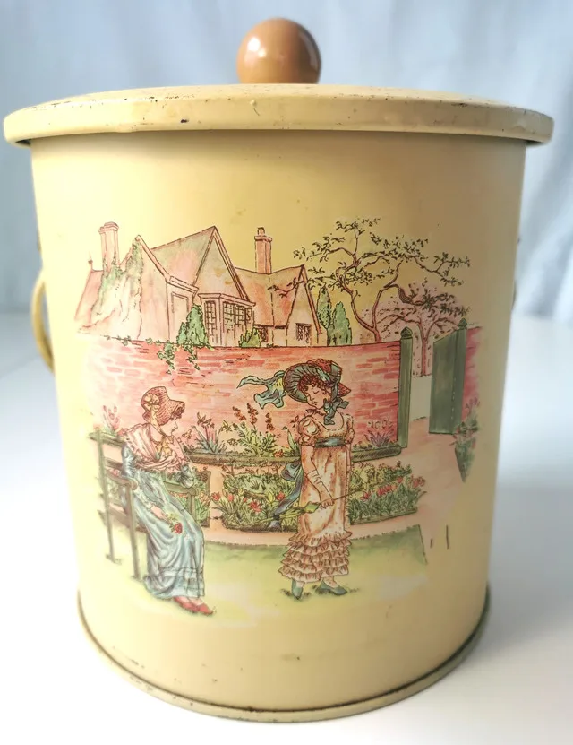 Biscuit Tin Vintage Kate Greenaway UK Moisture-Control Lid Pat. thumbnail