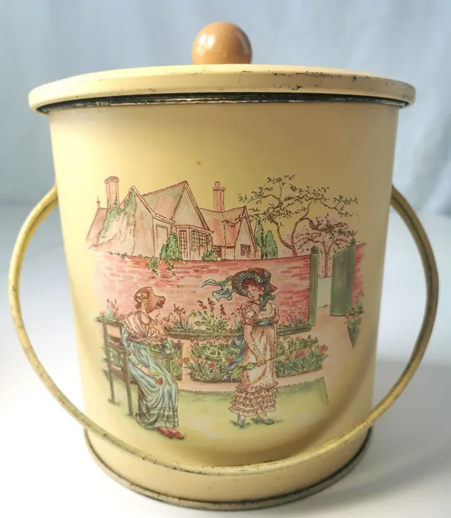 Biscuit Tin Vintage Kate Greenaway UK Moisture-Control Lid Pat. image indicator(2)