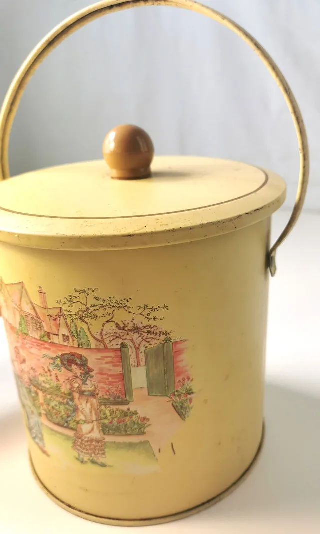 Biscuit Tin Vintage Kate Greenaway UK Moisture-Control Lid Pat. image indicator(5)