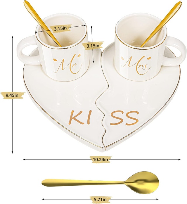 Mr and Mrs Coffee Mugs Set with Kiss Trays - Elegant Ceramic Mar - photo 2