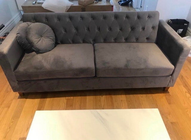 Gray Velvet Chesterfield Sofa Couch 79.5” – 3 Seater – Like New