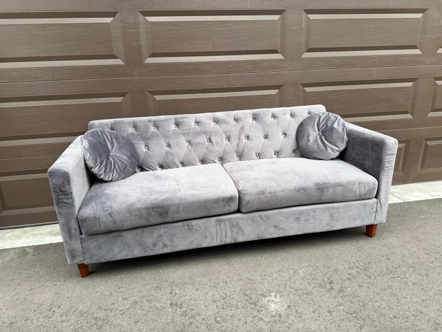 Gray Velvet Chesterfield Sofa Couch 79.5” – 3 Seater – Like New - photo 2