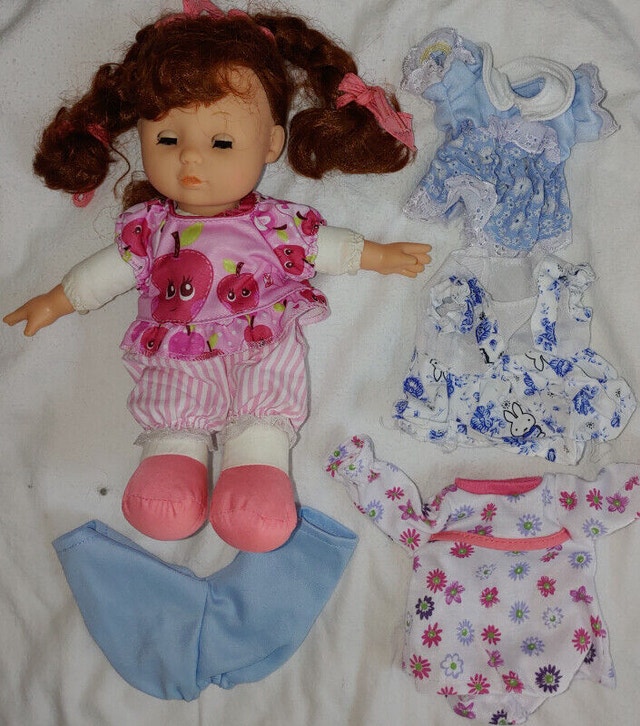 Baby Cloth Body Doll with Long Brunette Hair, Several Outfits