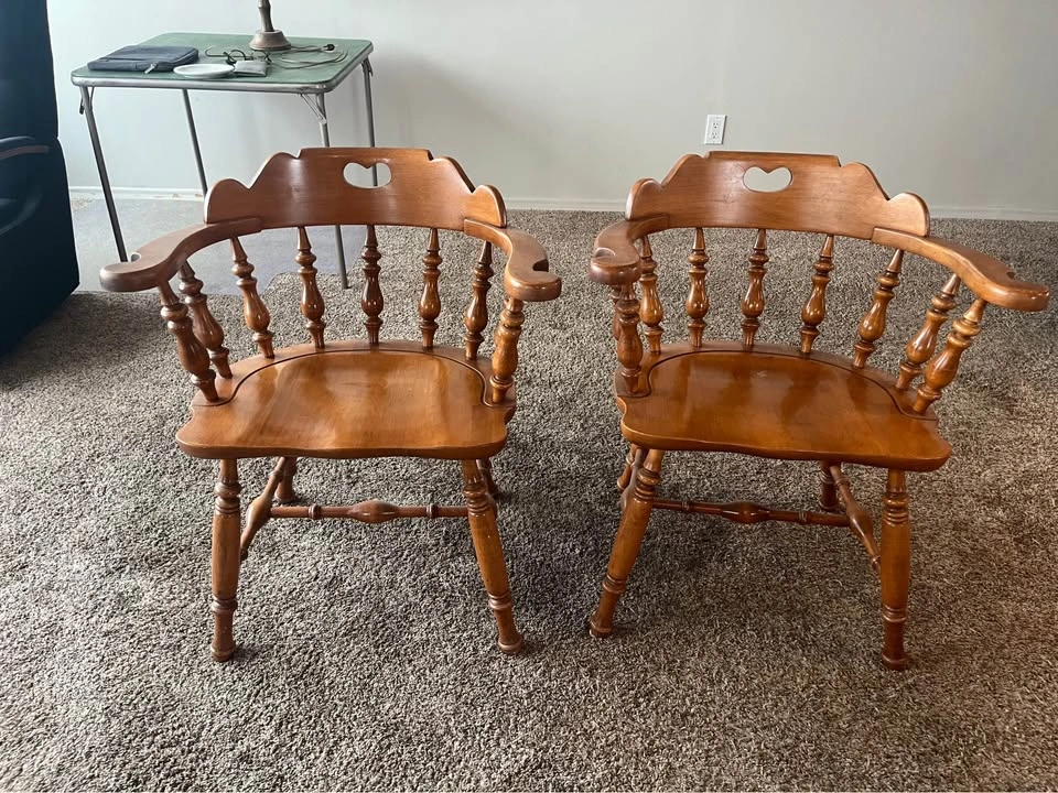Pair of Solid Wood Vintage Captain's Chairs - photo 4