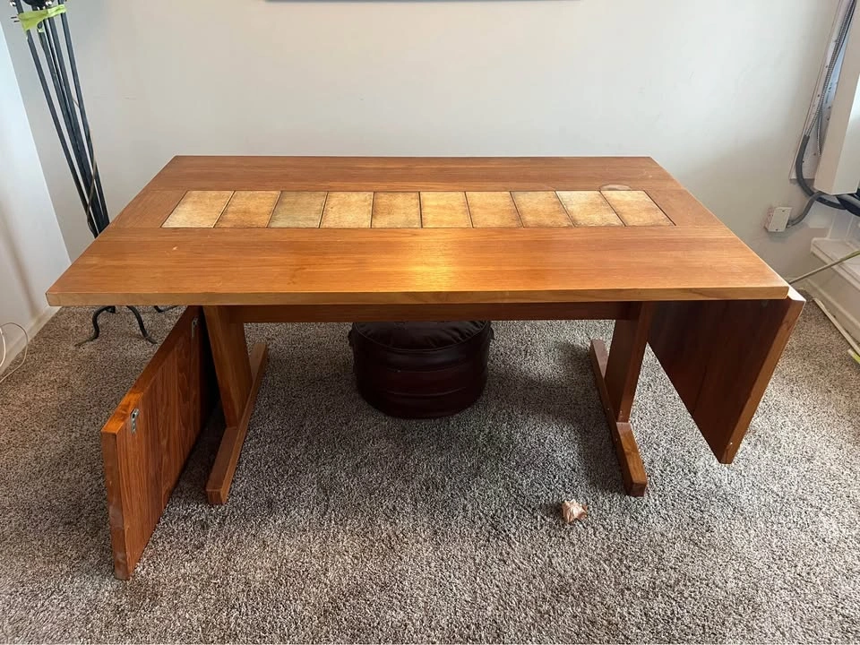 Teak Dining Table with Tile Inlay & 2 Extension Leaves - photo 4