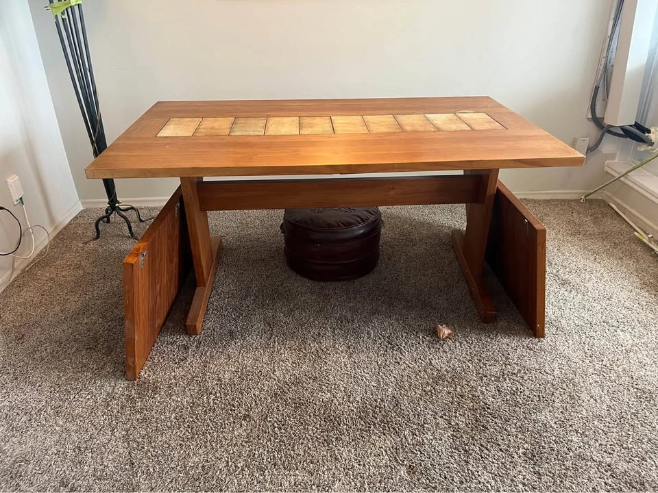 Teak Dining Table with Tile Inlay & 2 Extension Leaves - photo 5