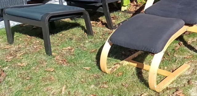 Ikea POÄNG Wood & Black Leather Armchair w/ Footstools - photo 5