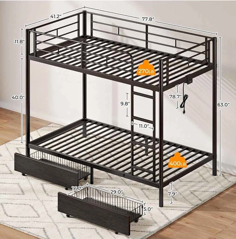 Metal Bunk Bed Twin Over Twin with 2 Storage Drawers