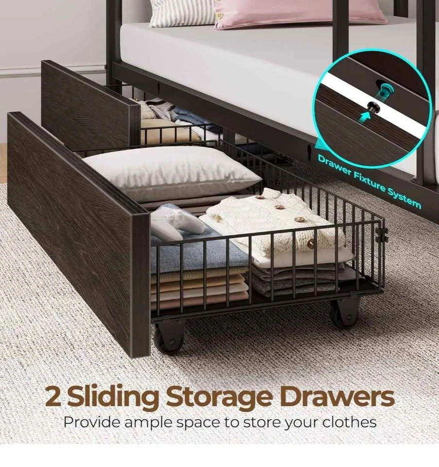 Metal Bunk Bed Twin Over Twin with 2 Storage Drawers - photo 2