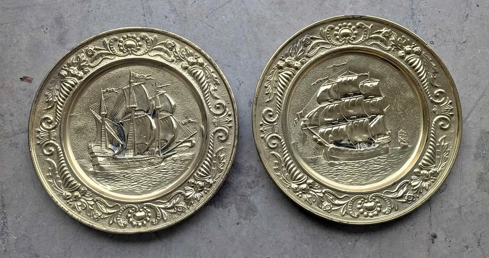 Set of 2 Vintage Brass Wall Plates, nautical, 14.5 inches