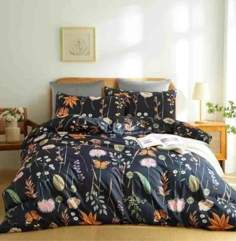 Black Floral Duvet Cover Set King - 3 Piece Microfiber Bedding