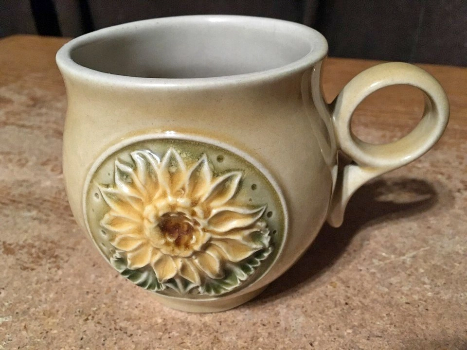DITMAR URBACH MUG CUP SAND COLORED WITH SUNFLOWER CZECHOSLOVAKIA