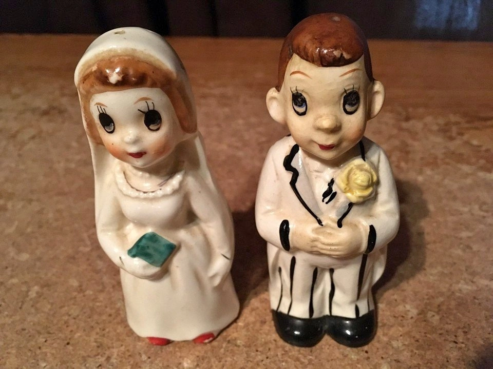 Vintage Two-Faced Bride & Groom Salt & Pepper Shakers - Enesco J