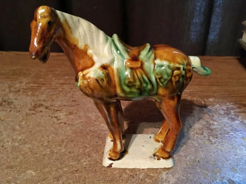 VINTAGE CHINESE WAR HORSE FIGURINE GLAZED CERAMIC