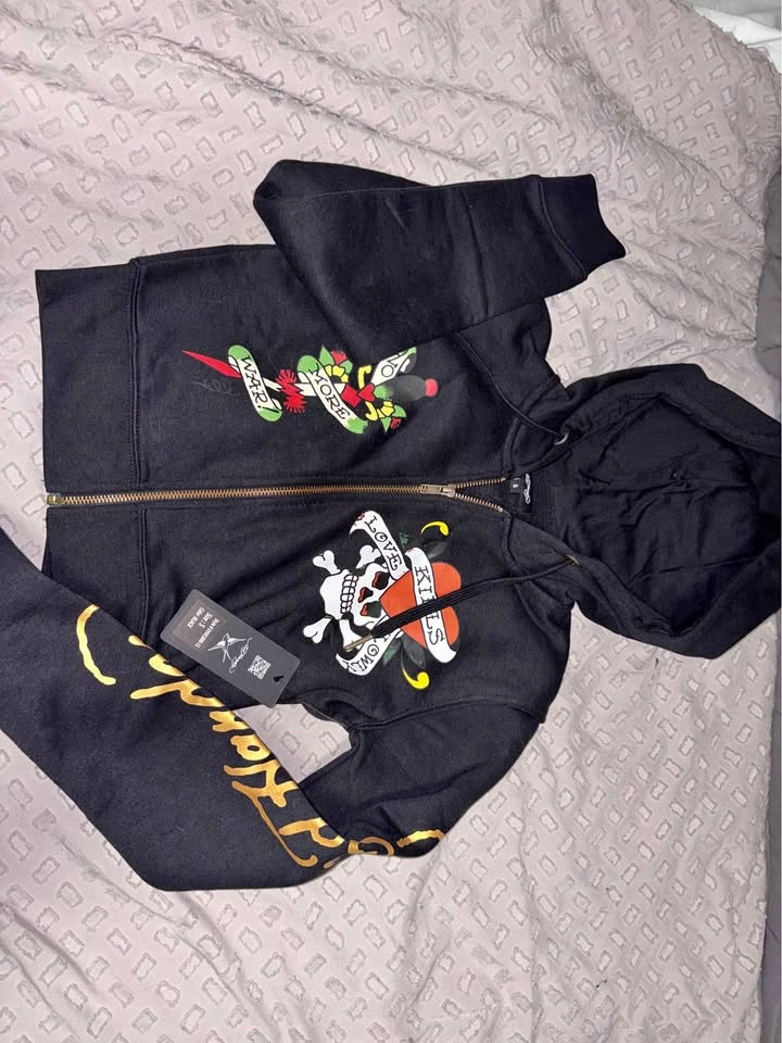 Ed Hardy Cropped Zip Up Hoodie Black Size Small