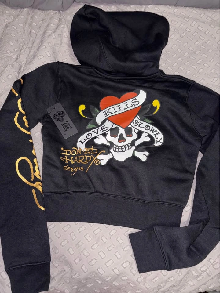 Ed Hardy Cropped Zip Up Hoodie Black Size Small - photo 2