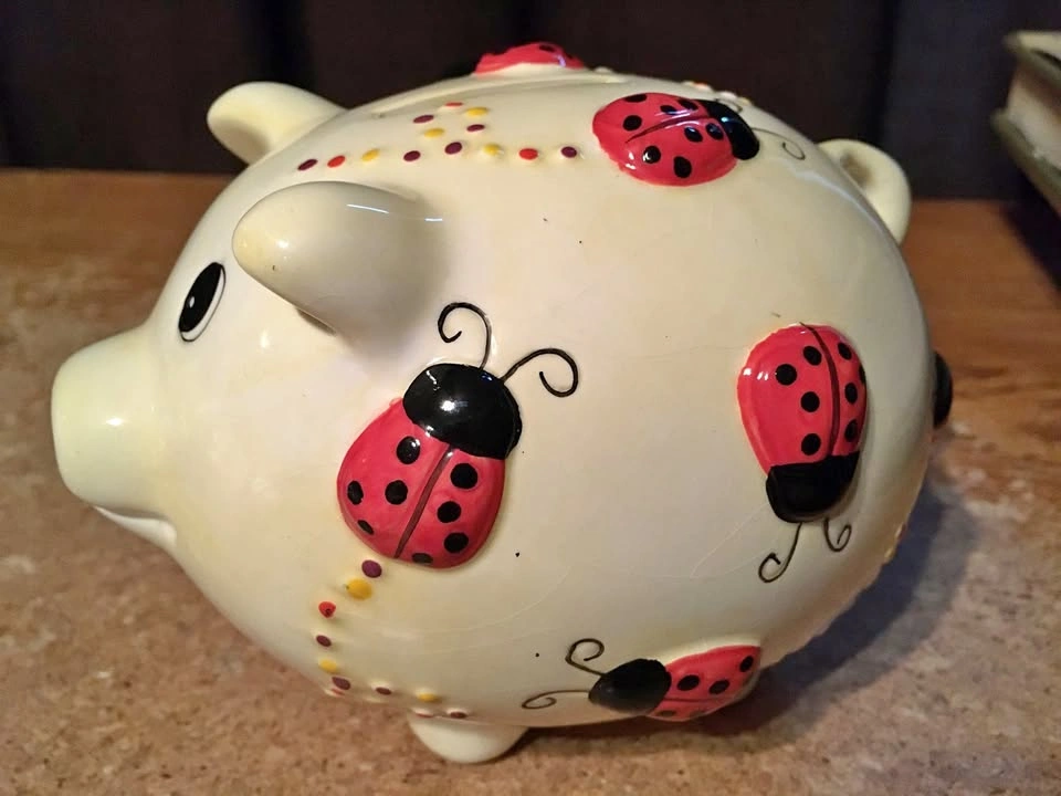 VINTAGE CERAMIC PIGGY BANK WITH LADYBUG DESIGN WITH STOPPER