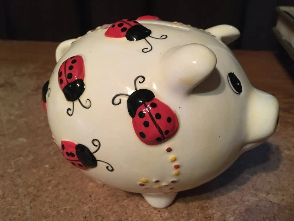 VINTAGE CERAMIC PIGGY BANK WITH LADYBUG DESIGN WITH STOPPER - photo 2