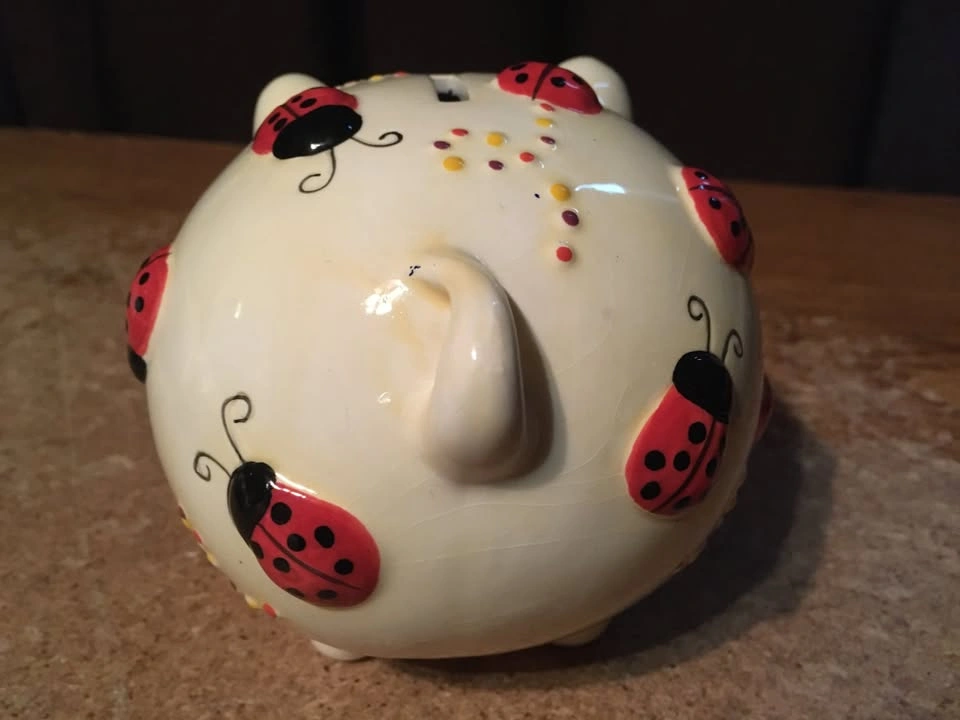 VINTAGE CERAMIC PIGGY BANK WITH LADYBUG DESIGN WITH STOPPER - photo 4