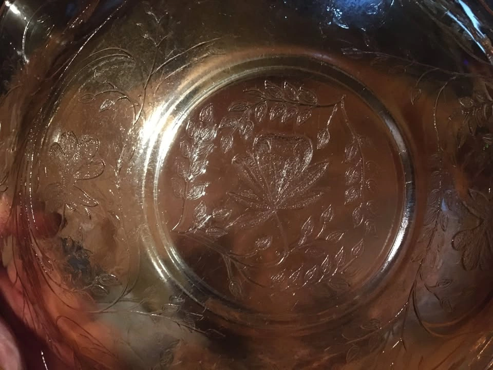 VINTAGE JEANNETTE GLASS FLORAGOLD LOIUSA RUFFLED BOWL 11.5" - photo 3