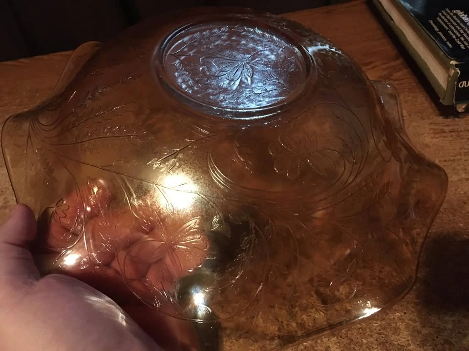 VINTAGE JEANNETTE GLASS FLORAGOLD LOIUSA RUFFLED BOWL 11.5" - photo 5